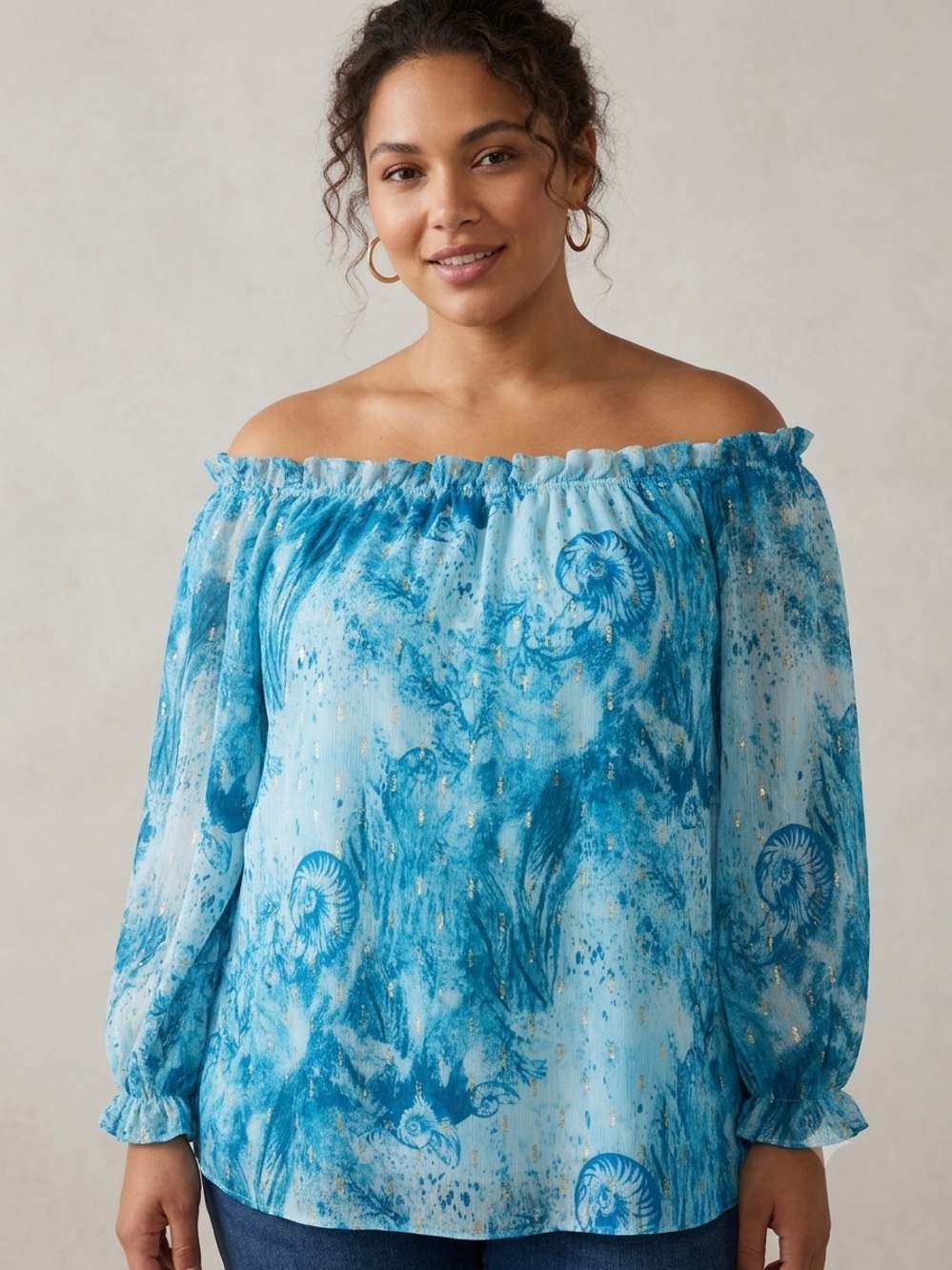 WHITE HOUSE BLACK MARKET Off Shoulder Clip Dot Metallic Ocean Blue Top Blouse